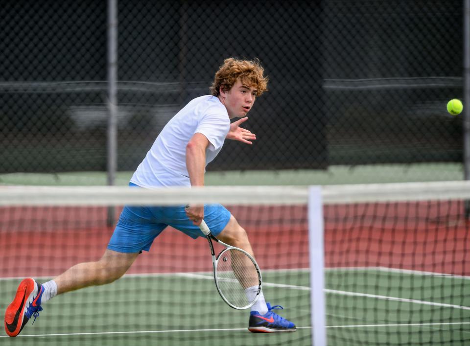 Lincoln's Rocky McKenzie competes during the state high school tennis championship on Friday, May 21, 2021 at McKennan Park in Sioux Falls.
