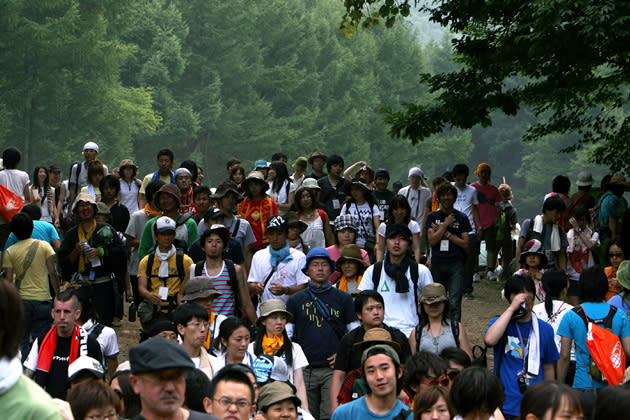 On day three of 2008's Fuji Rock Festival in Japan, music fans wandered between the stages to listen to popular bands including Kasabian, Gossip and My Bloody Valentine.