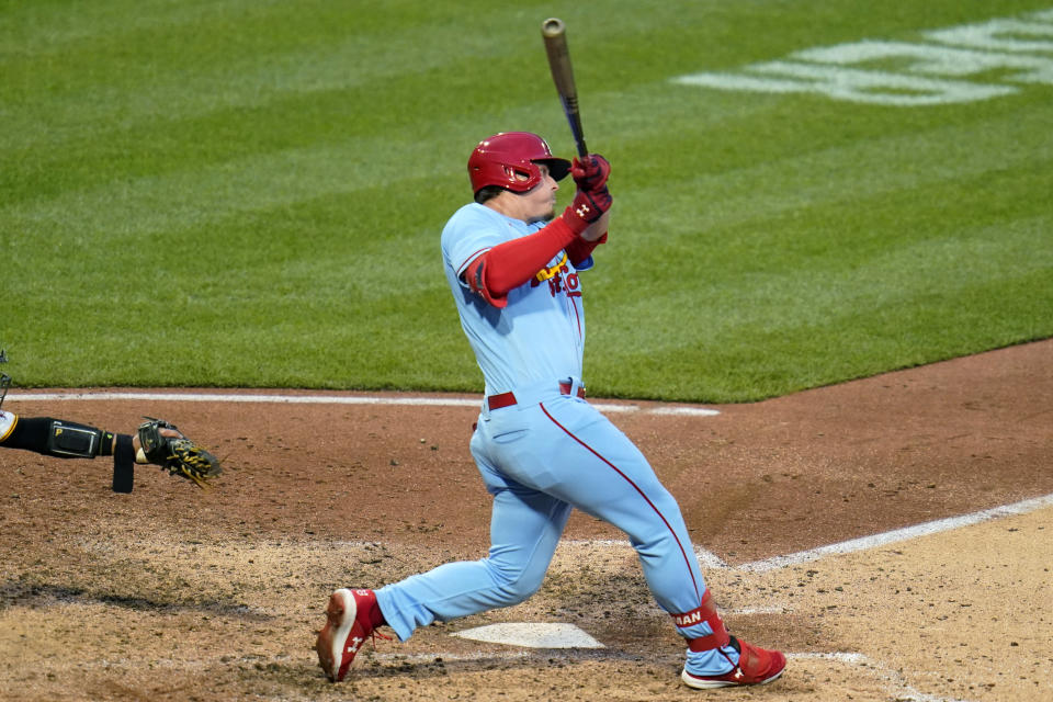 St. Louis Cardinals' Nolan Gorman doubles off Pittsburgh Pirates relief pitcher Duane Underwood Jr. during the fifth inning of a baseball game in Pittsburgh, Saturday, May 21, 2022. (AP Photo/Gene J. Puskar)