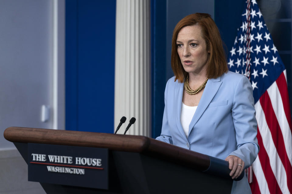 White House press secretary Jen Psaki speaks with reporters in the James Brady Press Briefing Room at the White House, Friday, May 21, 2021, in Washington. (AP Photo/Alex Brandon)