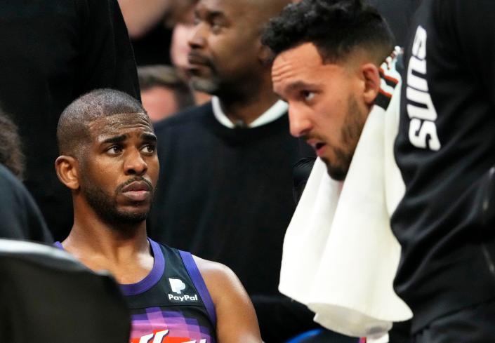 May 15, 2022; Phoenix, Arizona, USA; Phoenix Suns guard Chris Paul (3) reacts after leaving the game for the final time against the Dallas Mavericks during game seven of the second round for the 2022 NBA playoffs at Footprint Center.