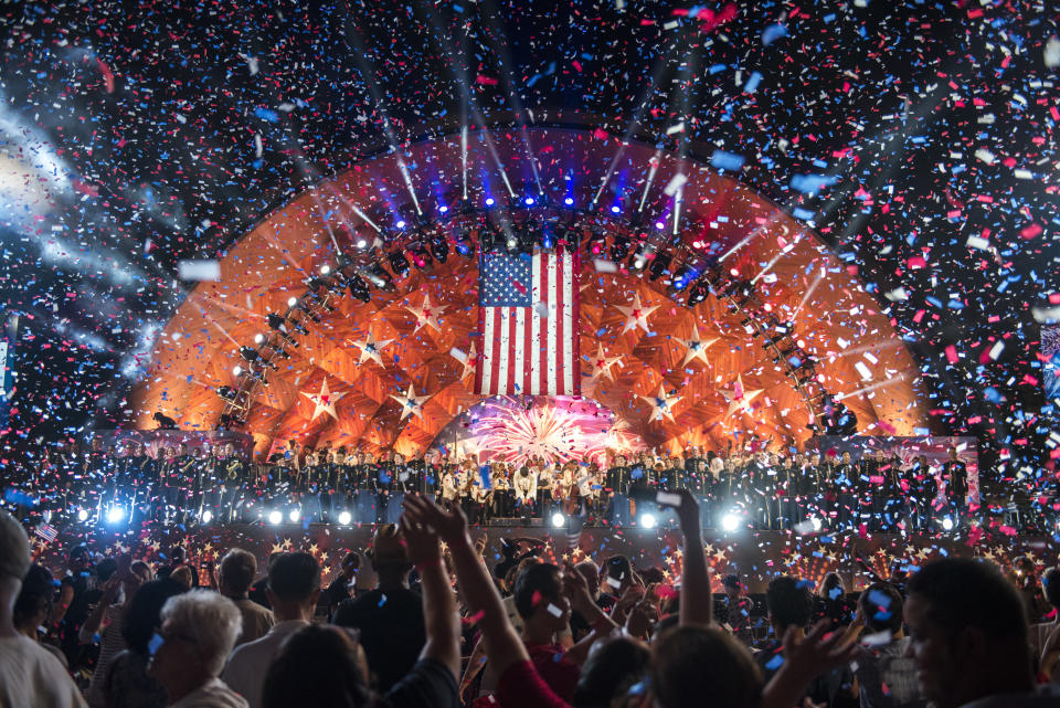 Confetti flies above the crowd during the finale of the Boston Pops Fireworks Spectacular on the Esplanade in Boston on&nbsp;Tuesday.