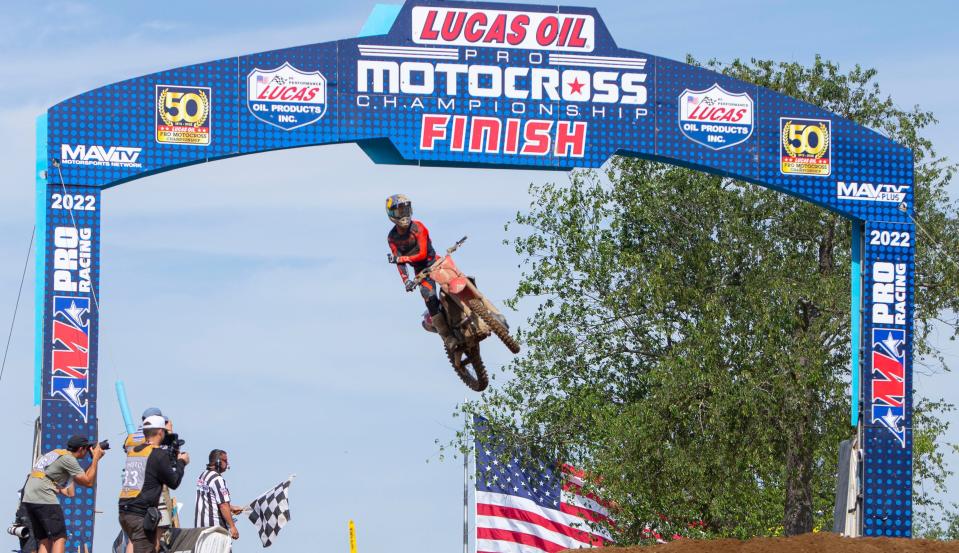 Jett Lawrence finishes first in the 250 Moto 2, placing with overall, during the KTM RedBud National Lucas Oil Pro Motocross Championship Saturday, July 2, 2022 at the RedBud MX track in Buchanan, Michigan.