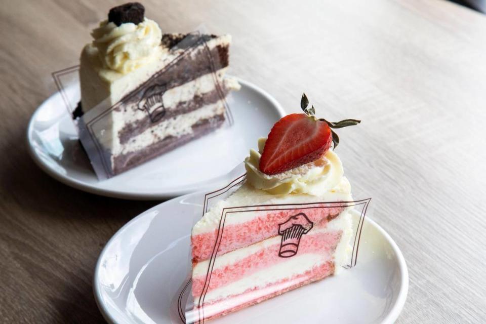 Slices of strawberry white chocolate (right) and chocolate cake from European Delights Gourmet Bakery in Nicolasville.