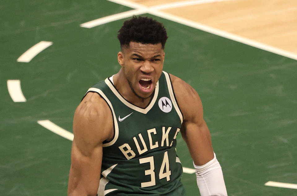 Milwaukee Bucks star Giannis Antetokounmpo logged a career-defining outing in Game 3 of the NBA Finals. (Justin Casterline/Getty Images)