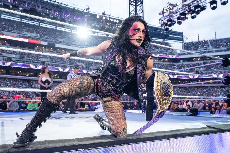 PHILADELPHIA, PENNSYLVANIA - APRIL 6: Rhea Ripley enters the ring during Night One of WrestleMania 40 at Lincoln Financial Field on April 6, 2024 in Philadelphia, Pennsylvania. (Photo by WWE)