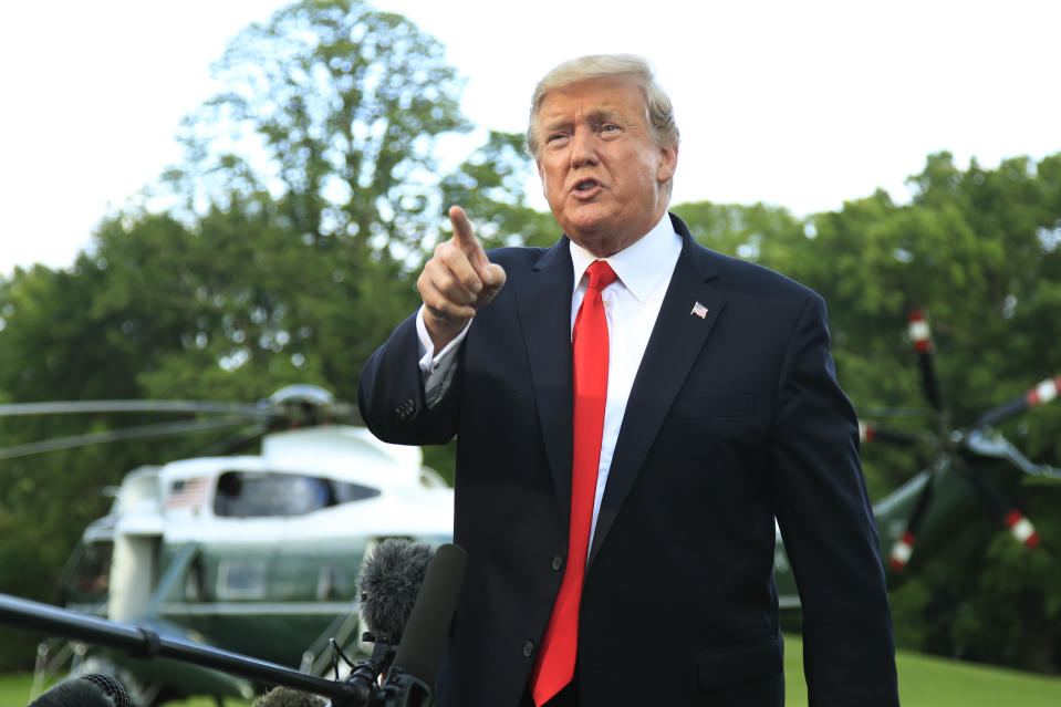 President Donald Trump speaks to reporters before leaving the White House in Washington, Monday, May 20, 2019, to attend a campaign rally in Montoursville, Pa. (AP Photo/Manuel Balce Ceneta)