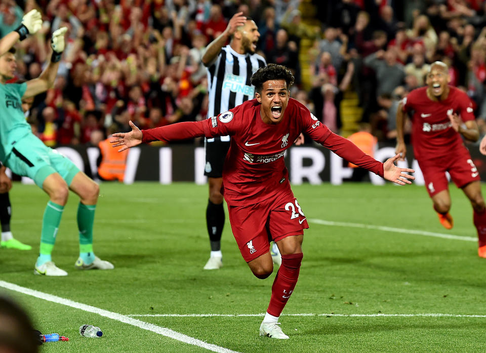 Liverpool's Fabio Carvalho celebrates after scoring the winner during the Premier League match against Newcastle. 