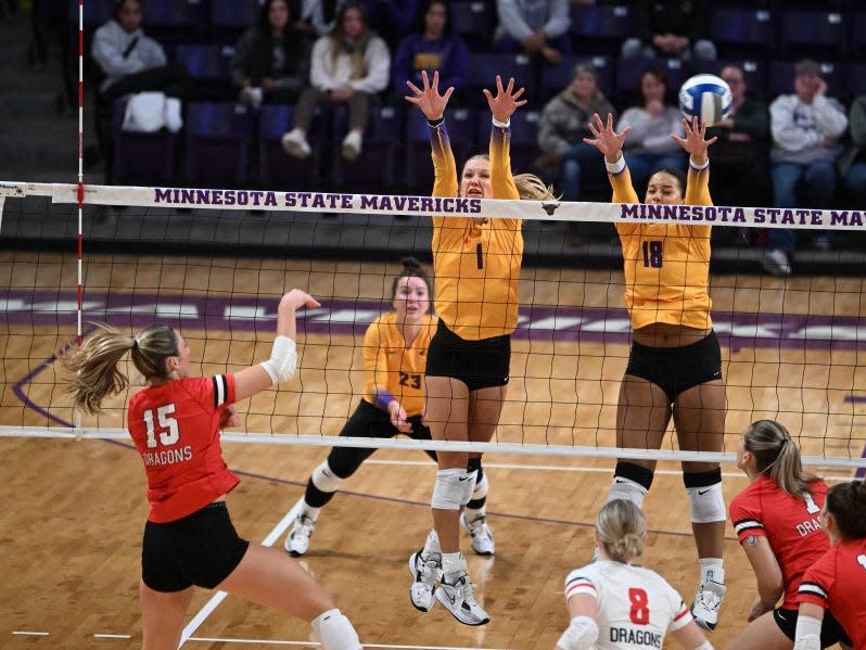 Sophie Tietz (1), a 5-foot-11 senior right side hitter for Minnesota State Mankato, has received first-team honors on the All-Northern Sun Intercollegiate Conference volleyball team.