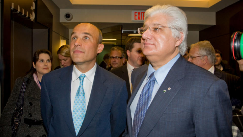 Jim Balsillie and Mike Lazaridis pictured in 2009, after the Ontario Securities Commission handed the CEOs an unprecedented $76 million in penalties and fines.