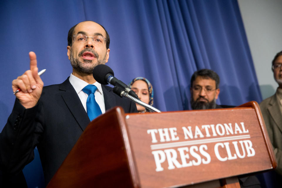 Executive Director and Founder of the Council on American-Islamic Relations Nihad Awad speaks at a press conference held by the U.S. Council of Muslim Organizations at the National Press Club in Washington, Monday, Dec. 21, 2015. (AP Photo/Andrew Harnik)