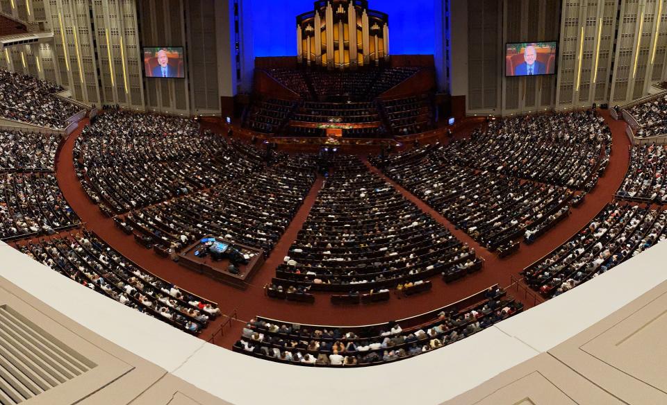 President Russell M. Nelson of The Church of Jesus Christ of Latter-day Saints speaks through video message during the 193rd Semiannual General Conference of The Church of Jesus Christ of Latter-day Saints at the Conference Center in Salt Lake City on Sunday, Oct. 1, 2023. | Jeffrey D. Allred, Deseret News