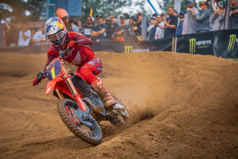 Jett Lawrence grabs the holeshot and checks out on the field to take the 450MX Moto 1 win. <em>Photo Courtesy Ayala Media | Josh Davey</em>