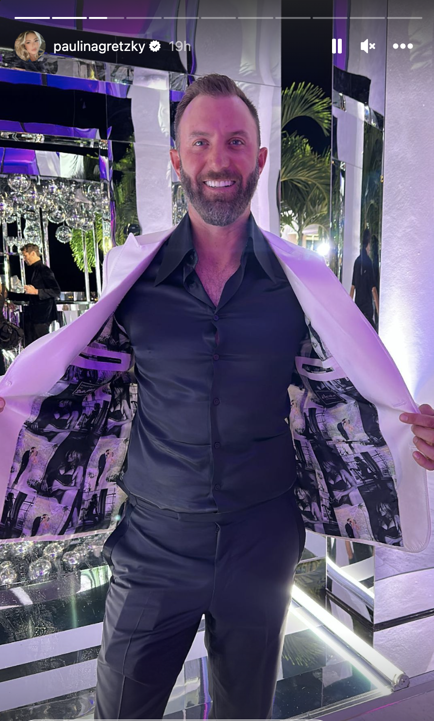 Gretzky's husband, Dustin Johnson, rocked a custom white suit jacket featuring photos of the couple's wedding this past April. (Photo via @paulinagretzky on Instagram)