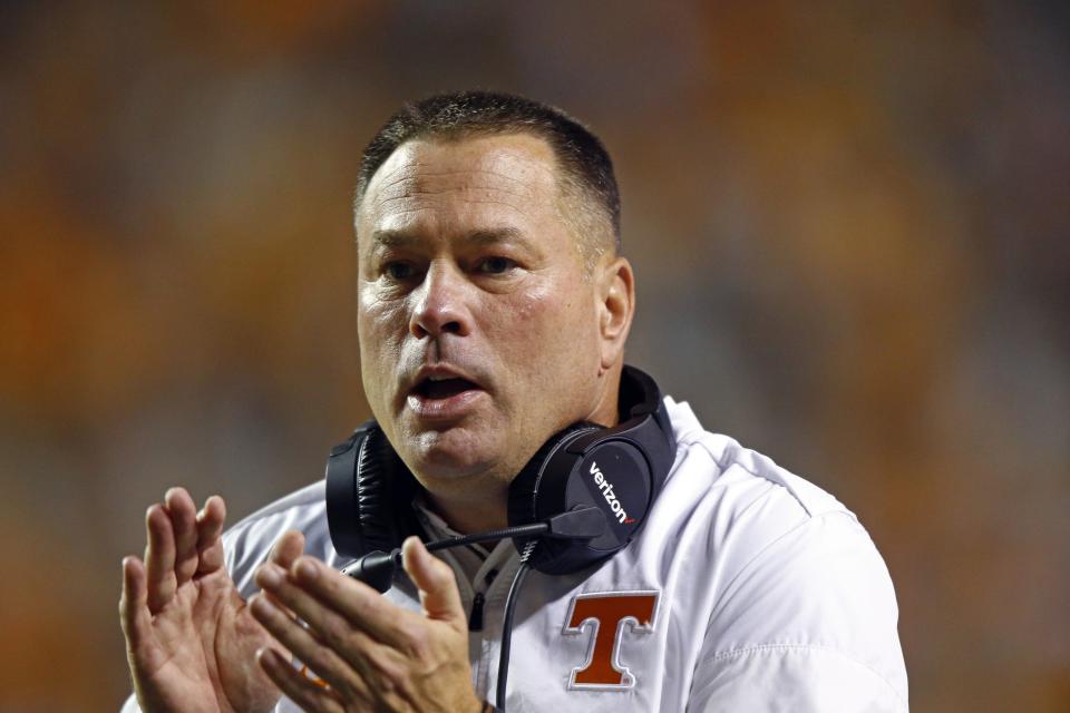 Tennessee head coach Butch Jones is seen on the sideline in the first half of an NCAA college football game against Southern Mississippi, Saturday, Nov. 4, 2017, in Knoxville, Tenn. (AP Photo/Wade Payne)