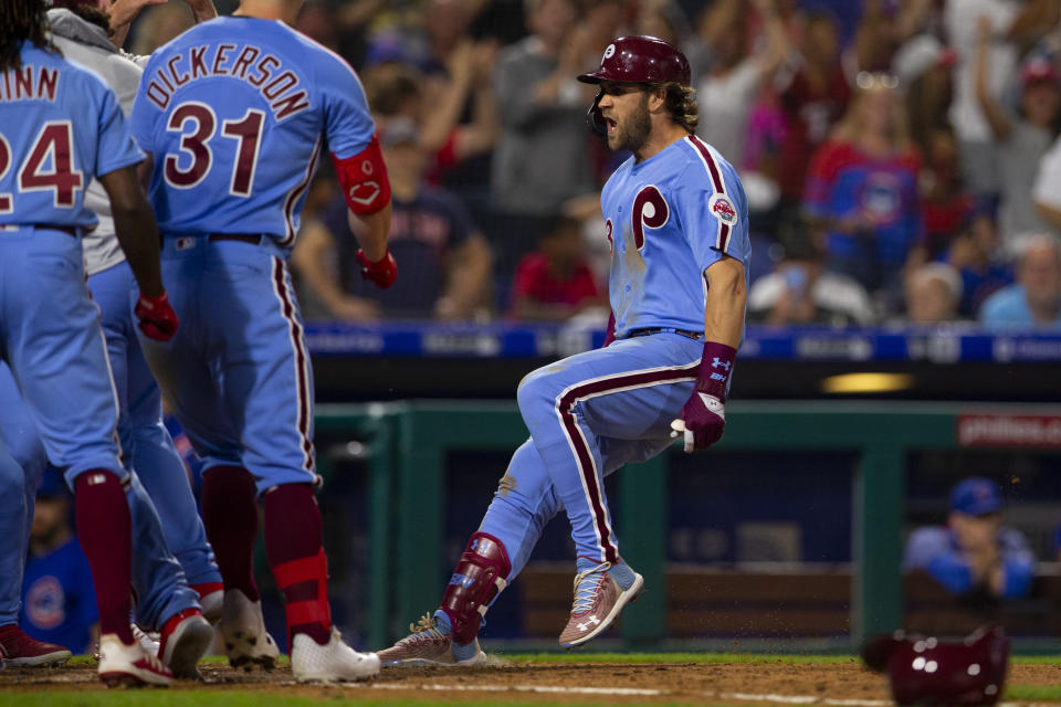 PHILADELPHIA, PA - AUGUST 15: Bryce Harper #3 of the Philadelphia Phillies reacts after hitting a walk-off grand slam against the Chicago Cubs at Citizens Bank Park on August 15, 2019 in Philadelphia, Pennsylvania. The Phillies defeated the Cubs 7-5. (Photo by Mitchell Leff/Getty Images)