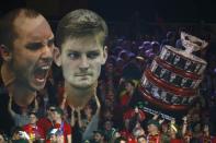 Tennis - Belgium v Great Britain - Davis Cup Final - Flanders Expo, Ghent, Belgium - 28/11/15 Men's Doubles - Belgium fans hold up posters of Steve Darcis and David Goffin during their match against Great Britain's Andy Murray and Jamie Murray Action Images via Reuters / Jason Cairnduff Livepic