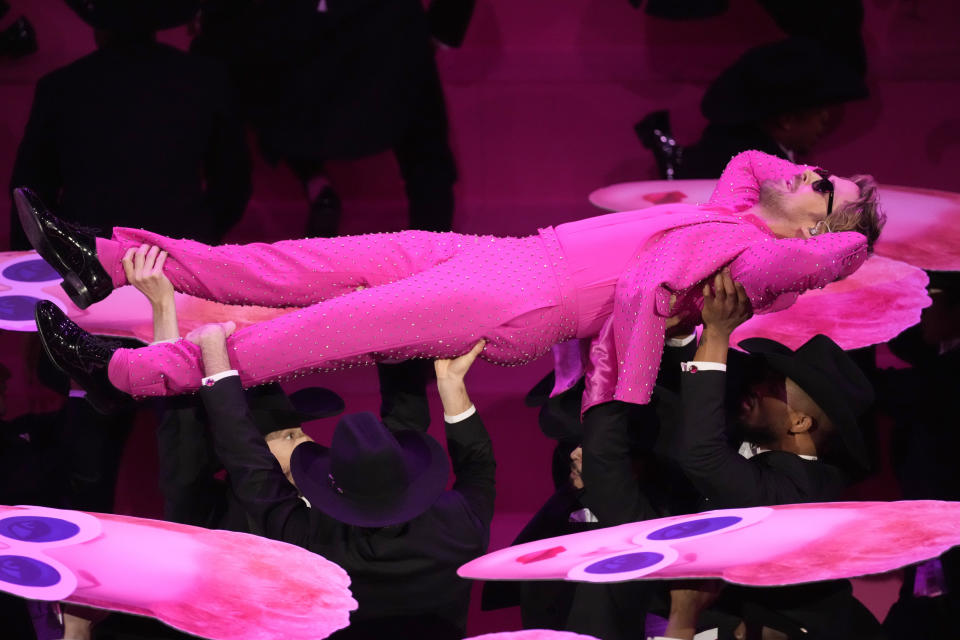 Ryan Gosling performs the song "I'm Just Ken" from the movie "Barbie" during the Oscars on Sunday, March 10, 2024, at the Dolby Theatre in Los Angeles. (AP Photo/Chris Pizzello)