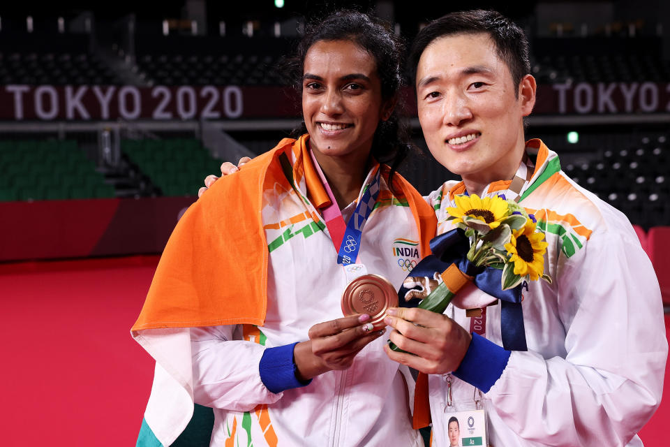 PV Sindhu with her coach Park Tae-Sang at the Olympics