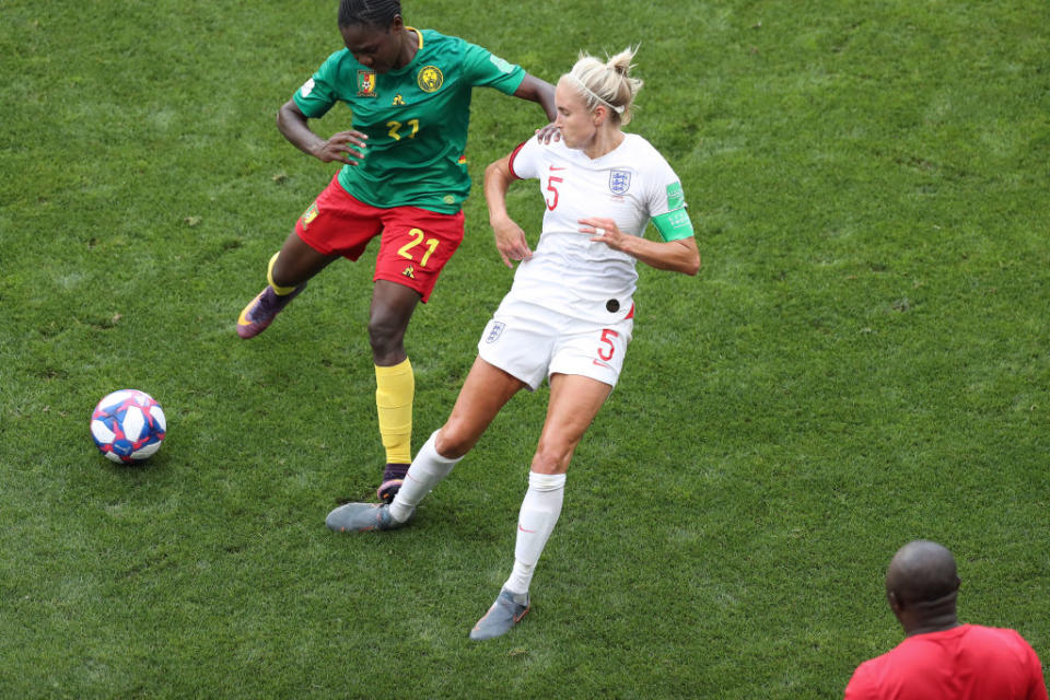 Alexandra Takounda's dangerous challenge on Steph Houghton. (Photo by Charlotte Wilson/Offside/Offside via Getty Images)