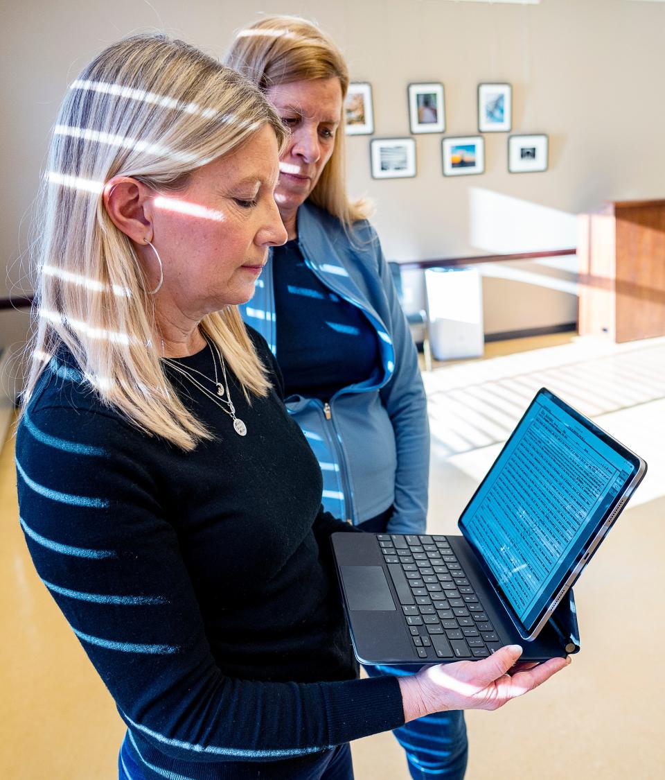 (Left) Anne O’Connor and (right) Kathy Wurzer read over a racially restrictive covenant on Sunday February 19, 2023 in Whitefish Bay, Wis. Jovanny Hernandez / Milwaukee Journal Sentinel