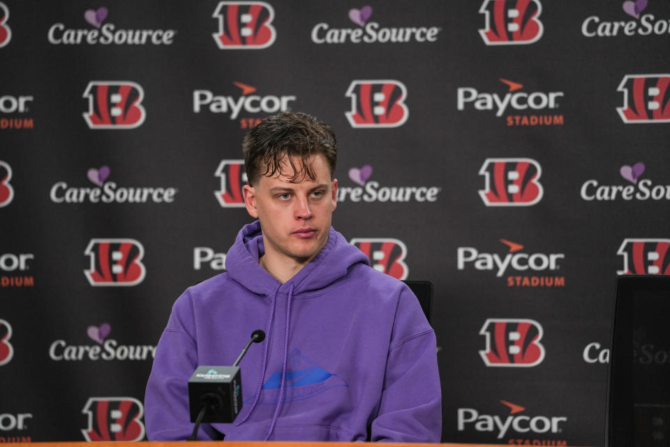 Bengals quarterback Joe Burrow speaks to the media on the first day of the Bengals' offseason at Paycor Stadium Monday Jan. 8, 2024.