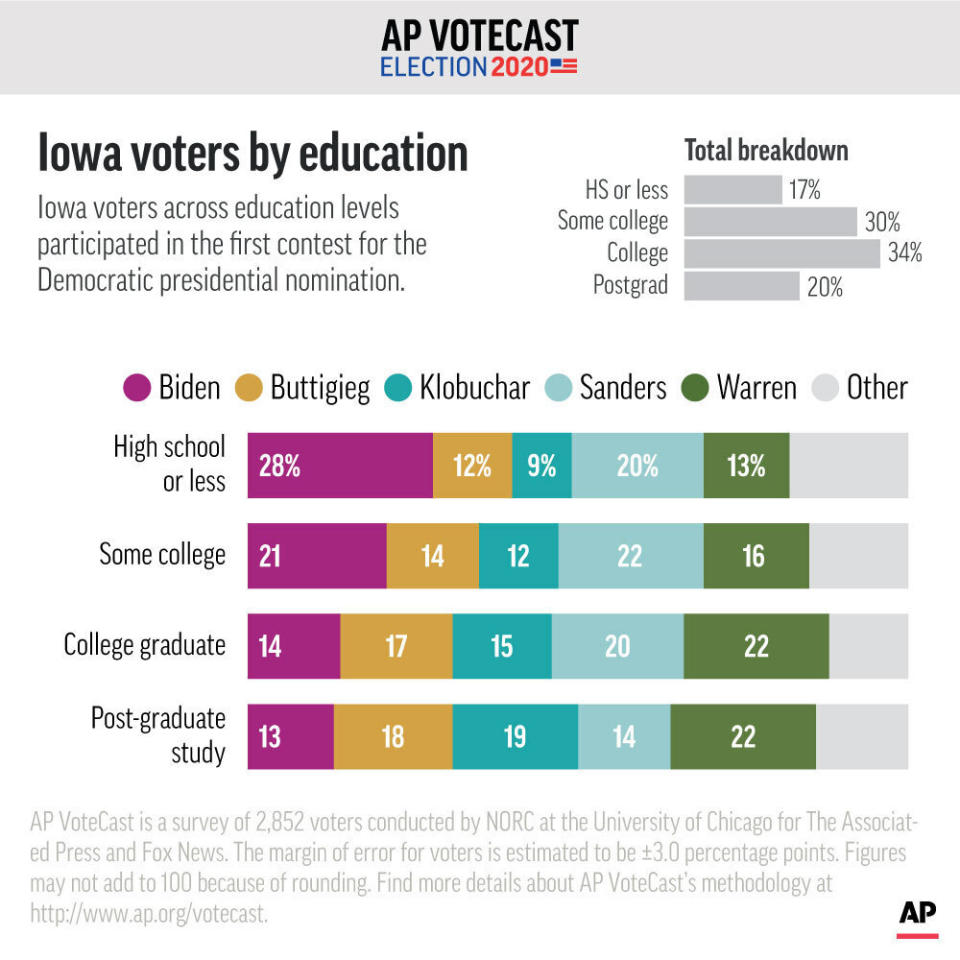 Iowa voters across education levels participated in the first contest for the Democratic presidential nomination, according to AP VoteCast. ;
