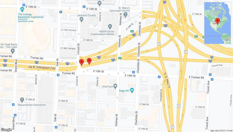 A detailed map that shows the affected road due to 'Warning in Kansas City: Crash reported on eastbound I-670' on December 10th at 12:37 p.m.