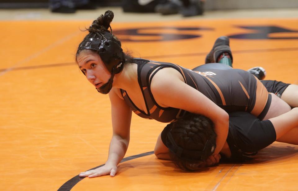 Aztec's Makayla Munoz, seen here during the second annual New Mexico girls wrestling tournament 126-pound championship match on Friday, Jan. 24, 2020 at Lillywhite Gym in Aztec, was named wrestler of the week by NewMexicoWrestling.com