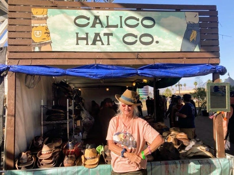 Rhonda Allen of Moreno Valley, Calif., at her Stagecoach boutique in Indio, Calif., on Saturday, April 30, 2022. Allen has been selling hats since 1975.