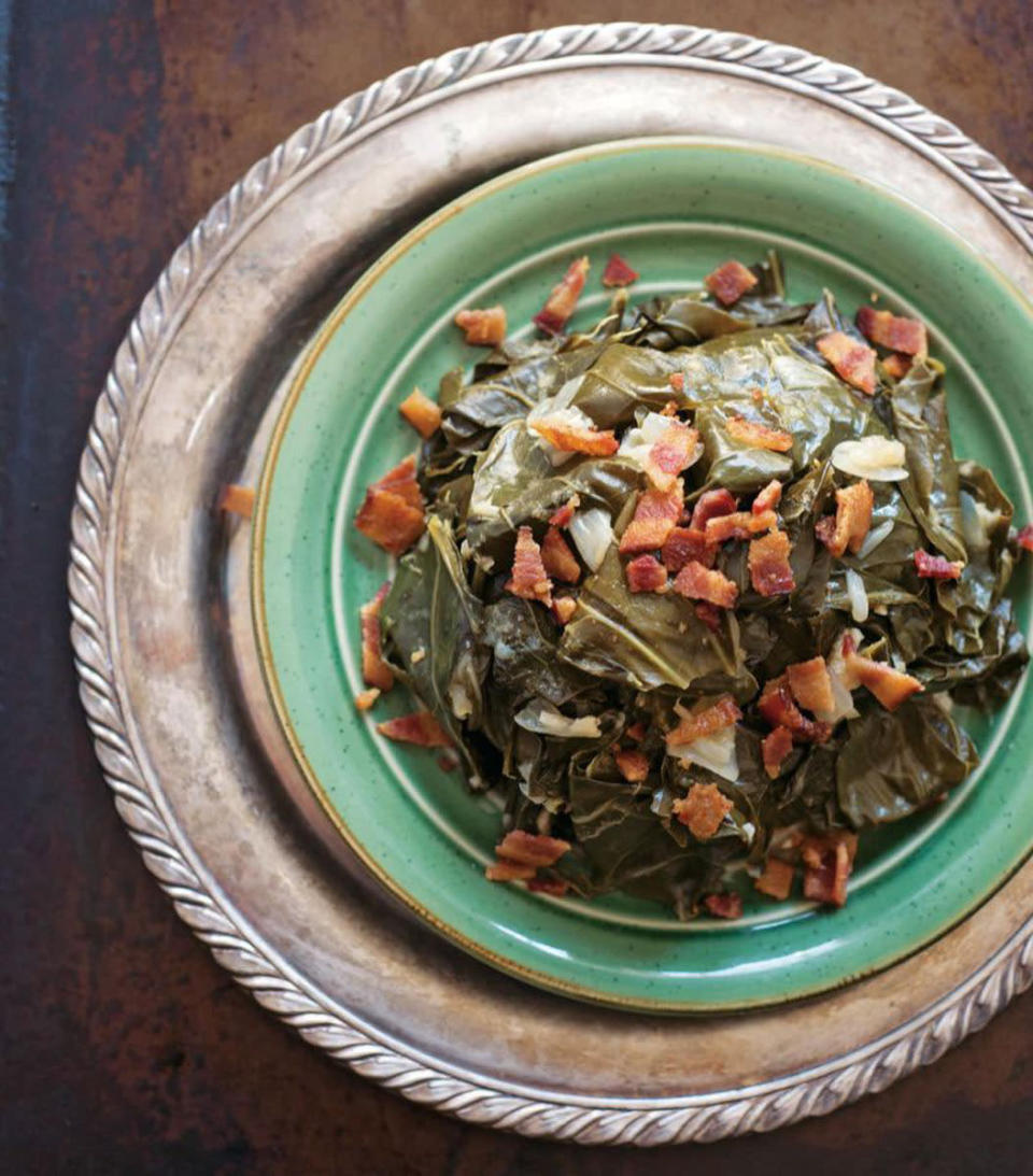 <p>This Southern classic is made paleo-friendly and still soulful as ever. The veggie dish is loaded with lots of crispy bacon bits for a heartier flavor. <b><a href="https://www.yahoo.com/food/soulful-collard-greens-and-crisped-bacon-162256454.html" data-ylk="slk:Get the Collard Greens recipe;elm:context_link;itc:0;sec:content-canvas;outcm:mb_qualified_link;_E:mb_qualified_link;ct:story;" class="link  yahoo-link">Get the Collard Greens recipe</a></b>. (<i>Photo: Stephanie Gaudreau)</i></p>