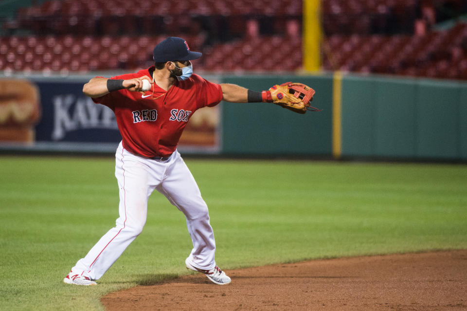 BOSTON, MA - JULY 21: Jose Peraza #3 of the Boston Red Sox fields a ball during the fourth inning against the Toronto Blue Jays at Fenway Park on July 21, 2020 in Boston, Massachusetts. (Photo by Kathryn Riley/Getty Images)