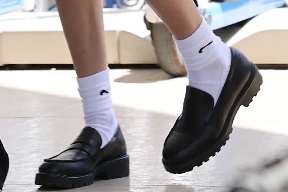 Bella Hadid Wore Chunky Loafers With Knee Socks