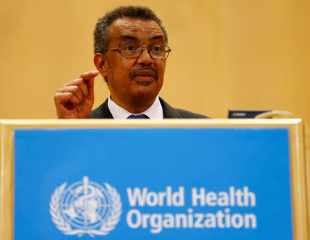 Newly elected Director General of the World Health Organization (WHO) Tedros Adhanom Ghebreyesus delivers a speech during the 70th World Health Assembly in Geneva, Switzerland, May 23, 2017. REUTERS/Denis Balibouse