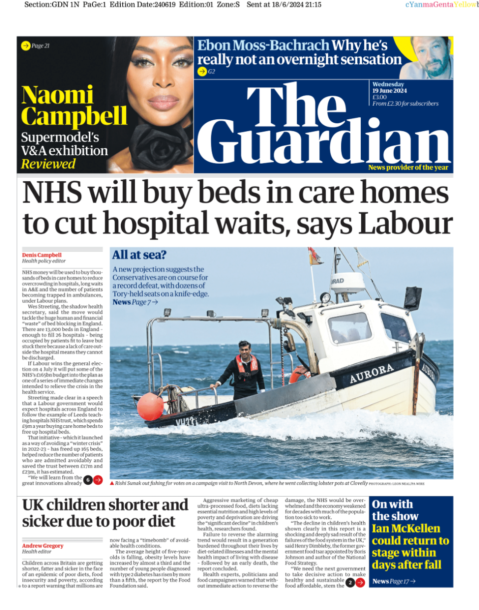 The front page of the Guardian, with the main headline reading "NHS will buy beds in care homes to cut hospital waits, says Labour"