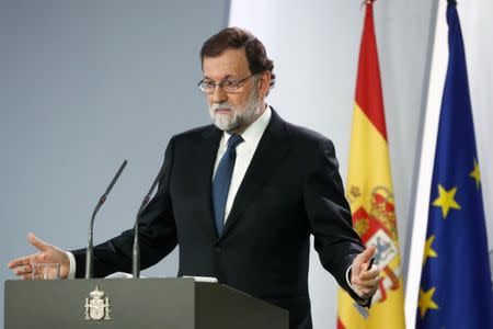 REFILE - CORRECTING BYLINE Spain's Prime Minister Mariano Rajoy speaks during a press conference at the Moncloa Palace in Madrid, Spain, October 21, 2017. REUTERS/Juan Medina