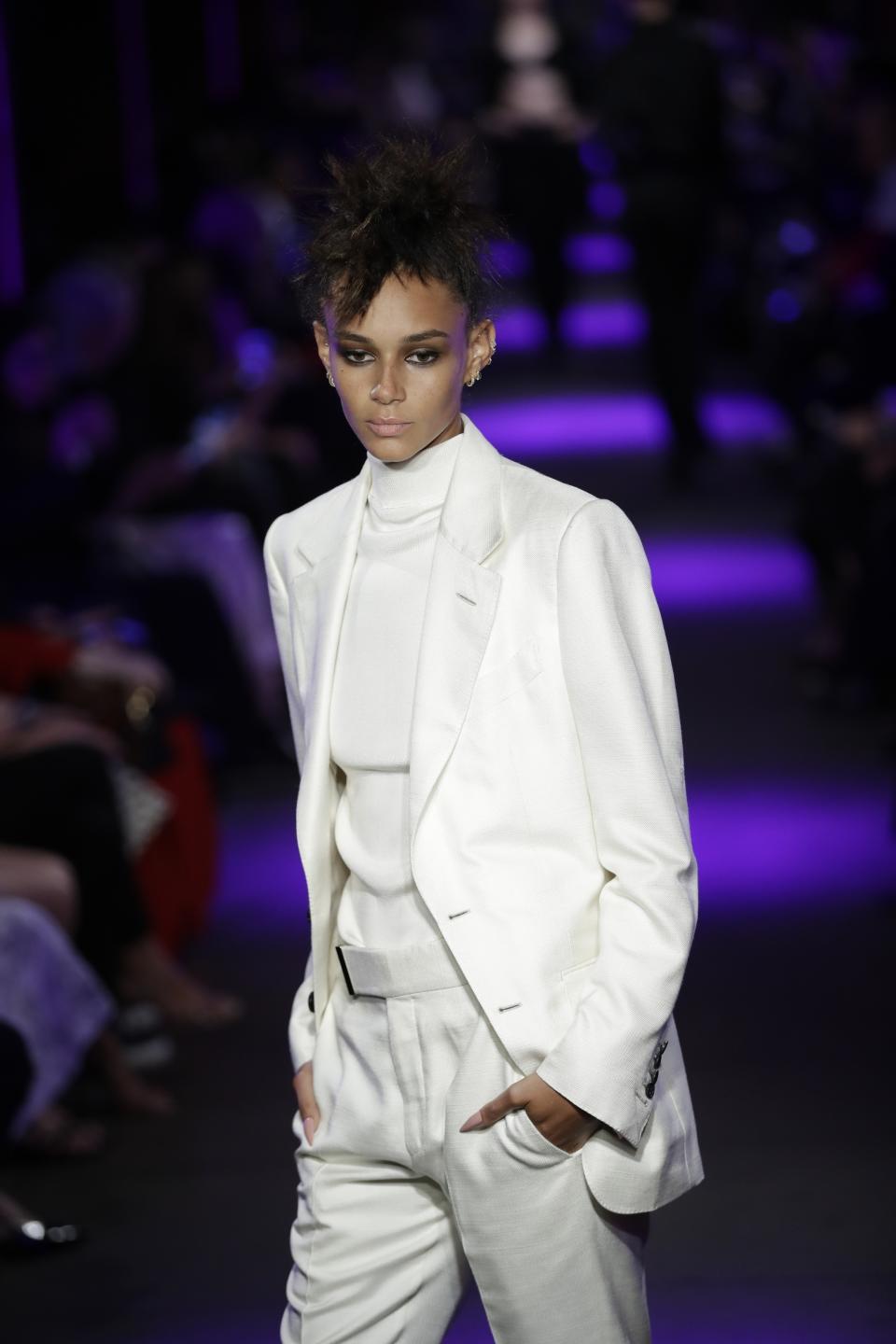 Fashion from the Tom Ford collection is modeled Monday, Sept. 9, 2019, in New York. (AP Photo/Frank Franklin II)