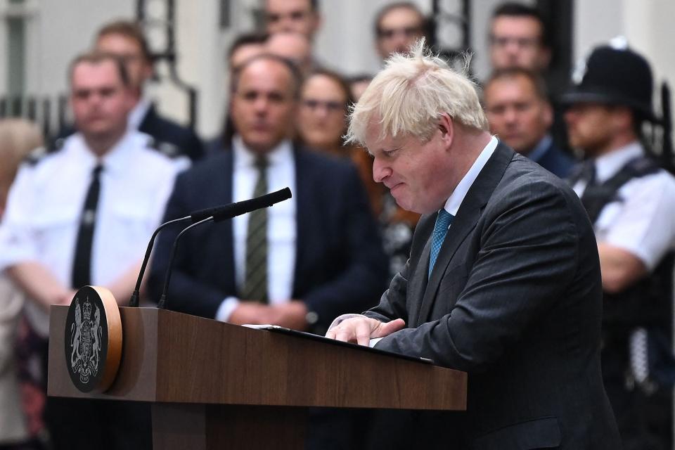 Britain's outgoing Prime Minister Boris Johnson delivers his final speech outside 10 Downing Street in central London on Sept. 6, 2022.