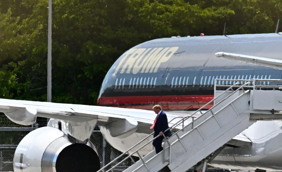 June 12, 2023: Former US President Donald Trump disembarks "Trump Force One" at Miami International Airport in Miami, Florida. Trump is expected to appear in court in Miami on June 13 for an arraignment regarding 37 federal charges, including violations of the Espionage Act, making false statements, and conspiracy regarding his mishandling of classified material after leaving office.