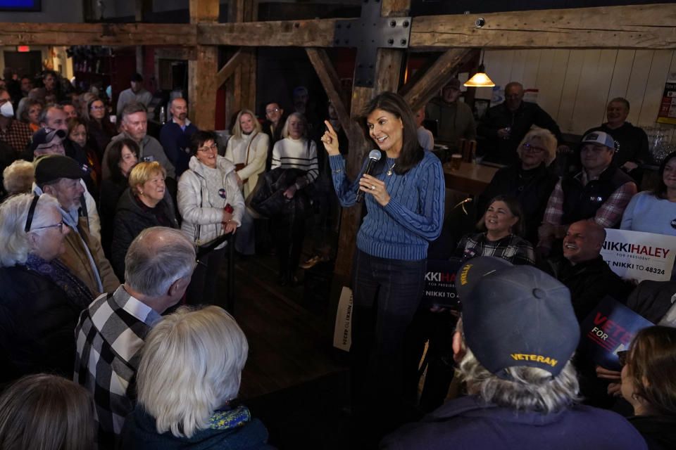 Republican presidential candidate former UN Ambassador Nikki Haley addresses a gathering during a campaign stop at a brewery, Wednesday, Nov. 29, 2023, in Meredith, N.H. (AP Photo/Charles Krupa)