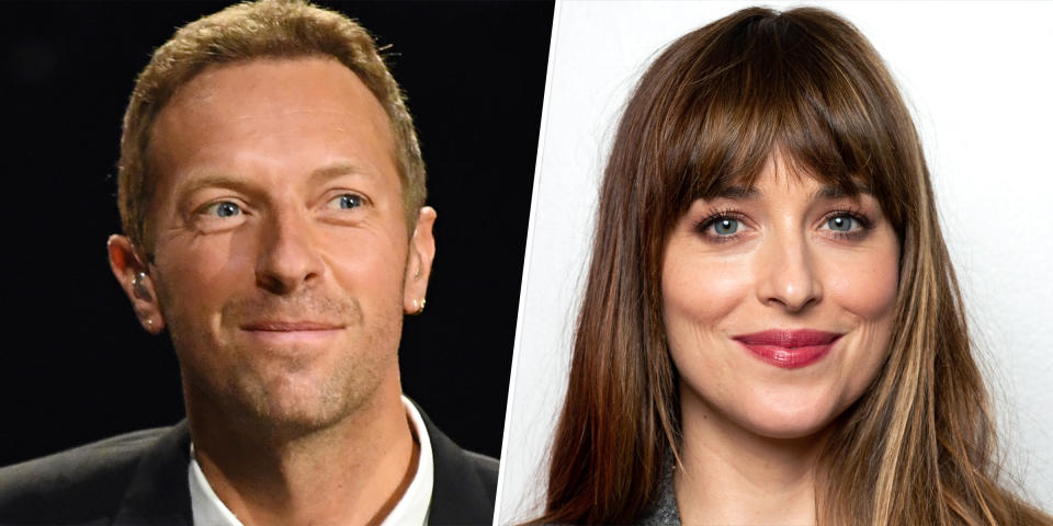 Chris Martin (L) helps girlfriend Dakota Johnson with Zoom when she failed to get into a video chat for the 2022 Sundance Film Festival. (Getty Images)