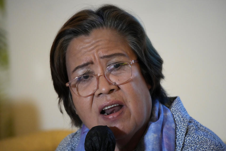 Former senator Leila de Lima answers questions from reporters during a press conference in Quezon City, Philippines Monday, Nov. 13, 2023. A Philippine court on Monday ordered the temporary release on bail of the country's most popular prisoner, who was jailed as a senator more than six years ago on drug charges she said were fabricated to muzzle her investigation of then-President Rodrigo Duterte's brutal anti-drugs crackdown. (AP Photo/Aaron Favila)