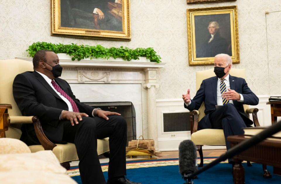 President Joe Biden (right) meets with Uhuru Kenyatta, president of the Republic of Kenya (left), in the Oval Office of the White House last October in Washington, D.C. (Photo: Doug Mills-Pool/Getty Images)