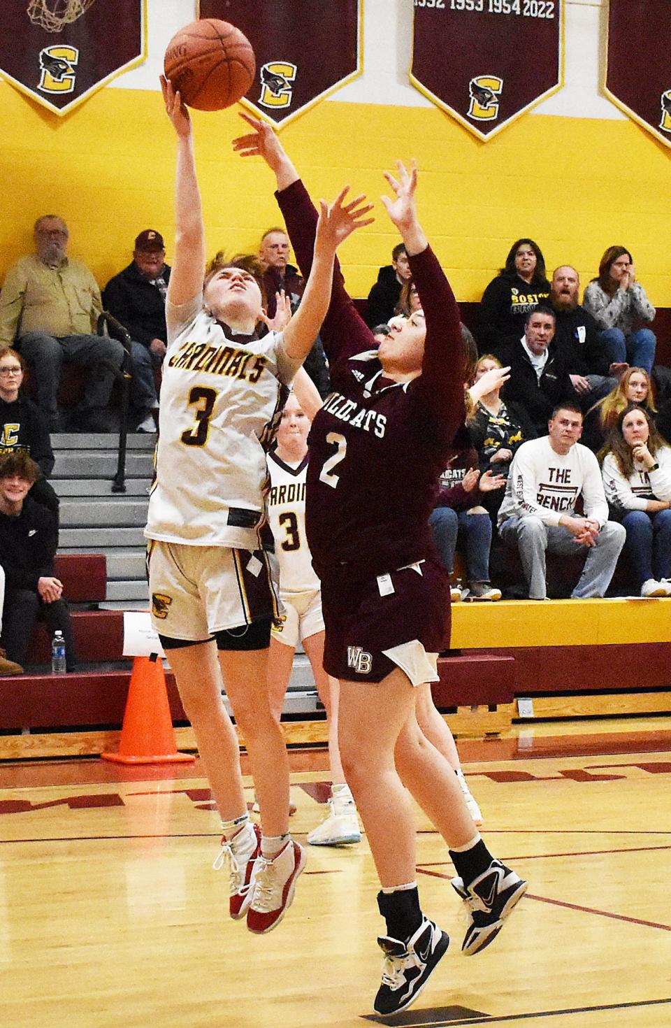 Case's Allie Holden goes up strong against West Bridgewater's Jenella Jacobs.