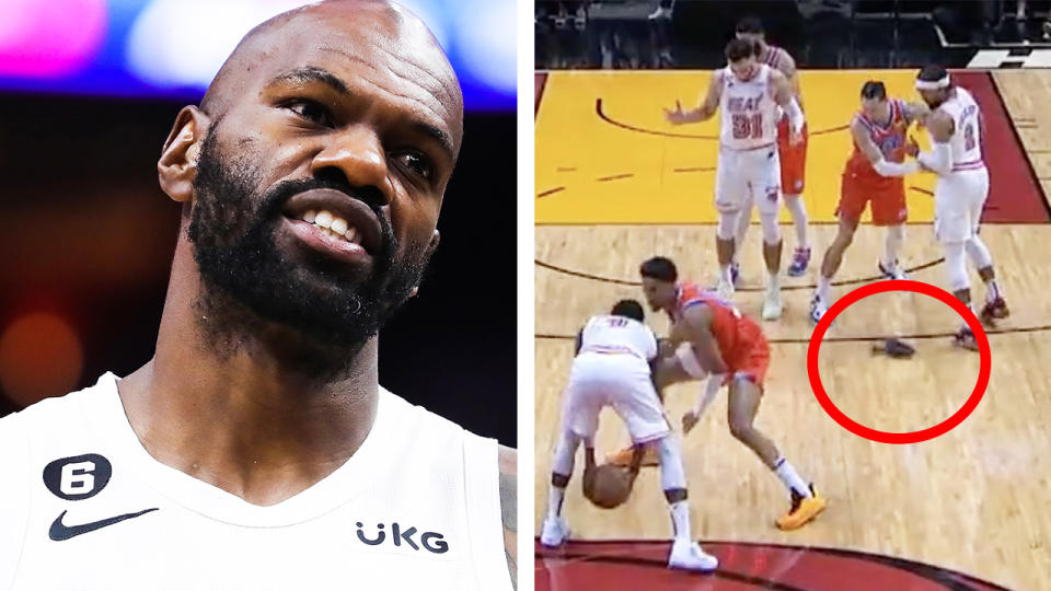 NBA and Miami Heat veteran Dewayne Dedmon was ejected against the OKC Thunder after sending a massage gun flying onto the court in the second quarter. Pictures: Getty Images/TNT