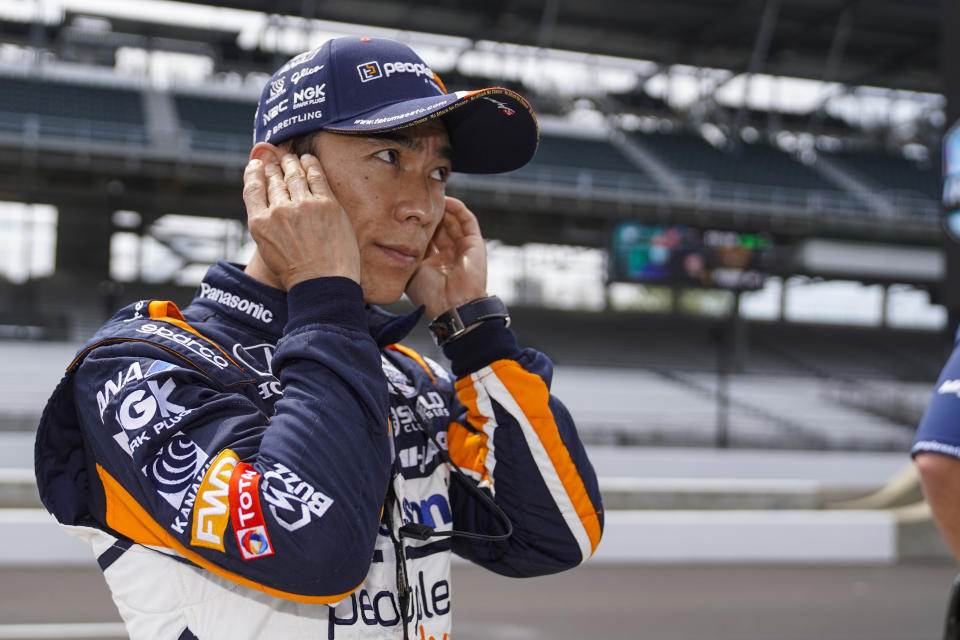 Takuma Sato of Japan prepares to drive during practice for the Indianapolis 500 auto race at Indianapolis Motor Speedway in Indianapolis, Tuesday, May 18, 2021. (AP Photo/Michael Conroy)