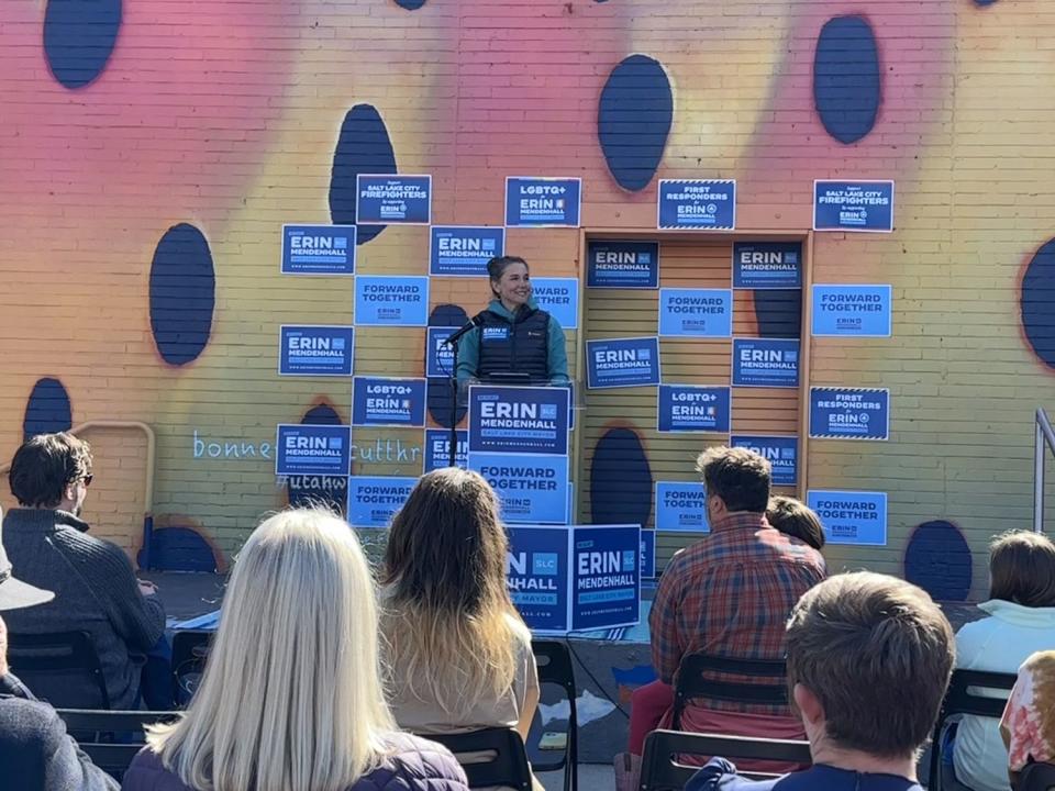 Salt Lake City Mayor Erin Mendenhall speaks at a rally that kicked off her reelection campaign at the Neighborhood Hive in Salt Lake City on Saturday.