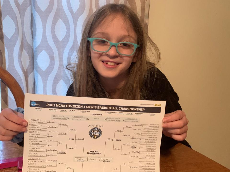 Maleah at age 9 in 2021, after correctly picking (14) Abilene Christian to upset (3) Texas.