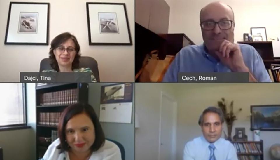 Oksana Spears, a Ukrainian-born staffer at Florida State College at Jacksonville (bottom left), took part in a recent panel discussion about the Russian invasion of Ukraine. Other panelists (clockwise from top left) included economics professor Tina Dajci, moderator; economics professor Roman Cech; and political science professor Debidatta Mahapatra.