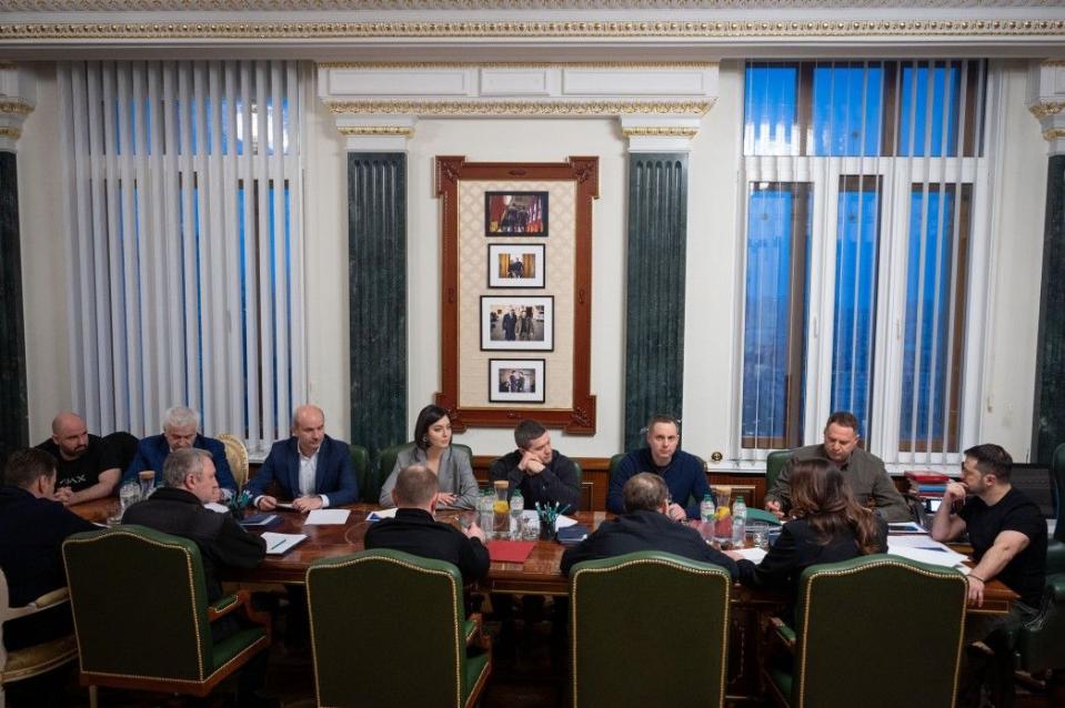 President Volodymyr Zelensky meets with representatives of Ukrainian businesses on Feb. 16, 2024. (Office of the president of Ukraine)